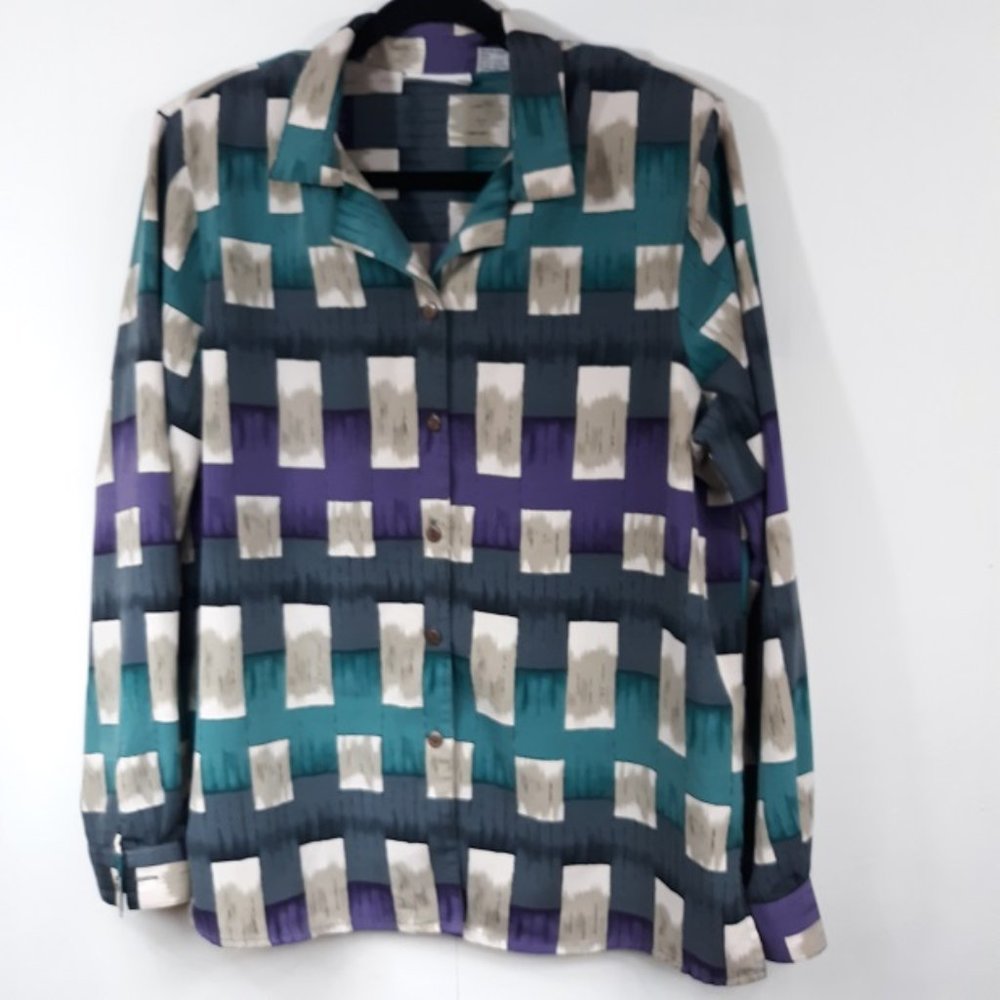 Alfred Dunner Vintage Abstract Blouse Women's 14 EUC Buttons Squares Top Shirt